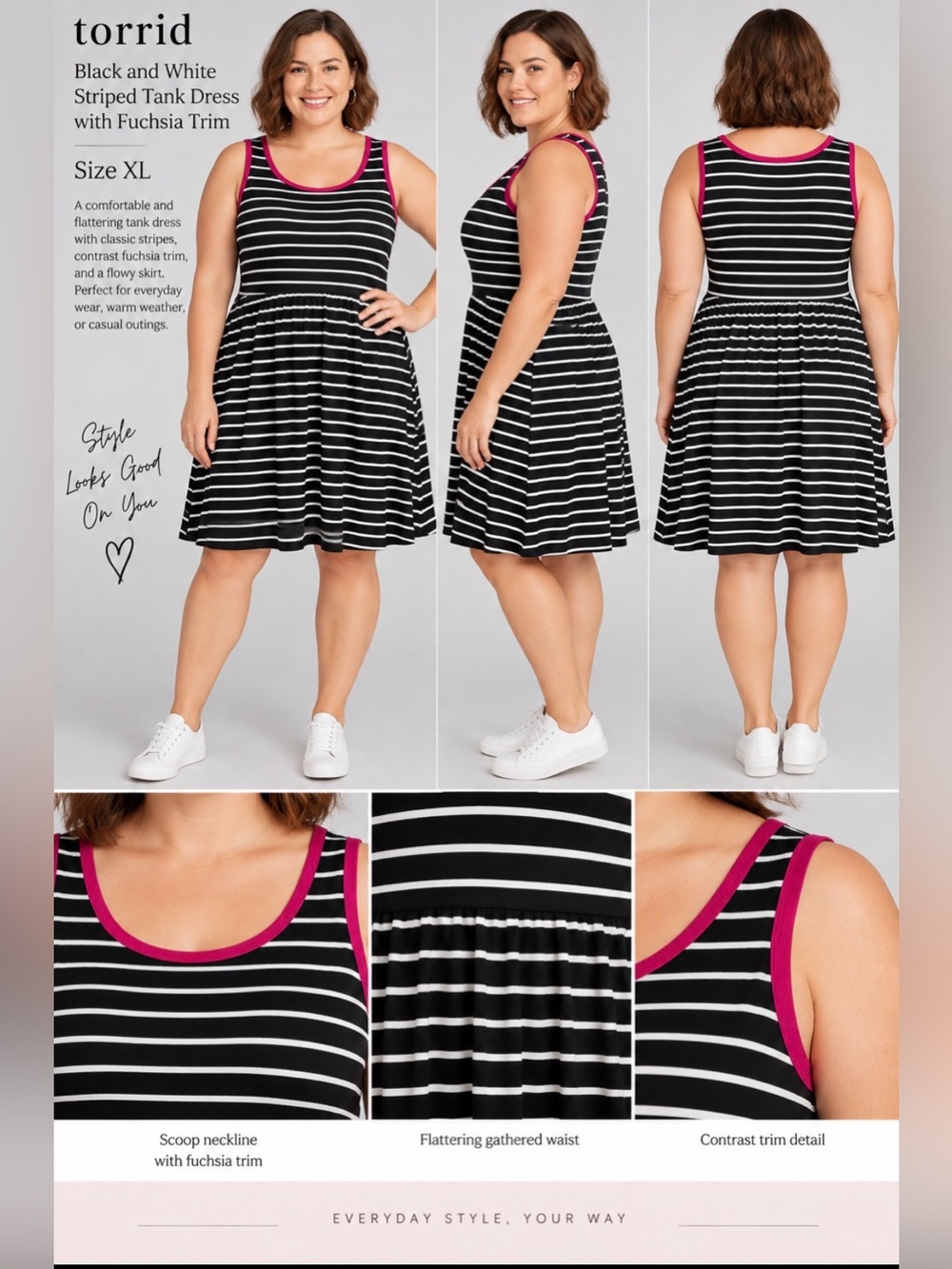 torrid Black and White Striped Tank Dress with Fuchsia Trim